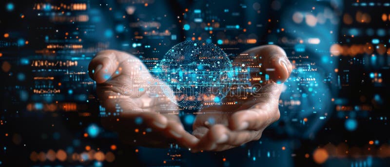 Hands holding digital holographic technology concept, representing AI, big data, and connectivity in futuristic virtual world vector illustration