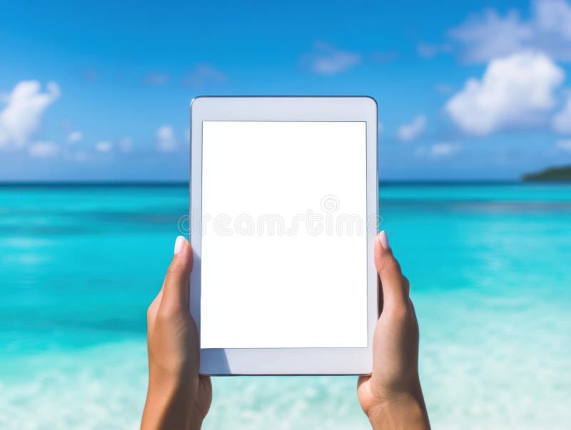 Hands holding electronic tablet with blank screen by tropical ocean for design and mockup concepts stock illustration