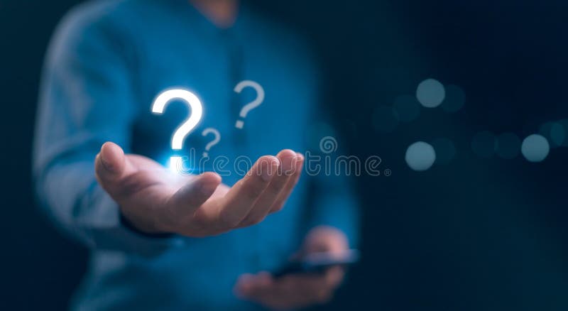Hands holding FAQ question mark sign. Question Mark and Problem-Solving Concept. Finding answers to business FAQs. Creativity and stock image