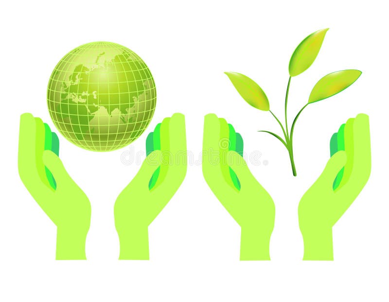 Hands holding the globe and a green plant