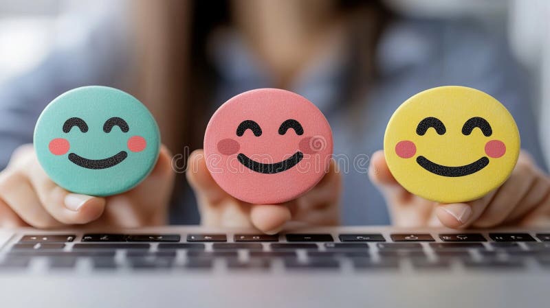 Hands holding happy emojis over laptop keyboard stock illustration