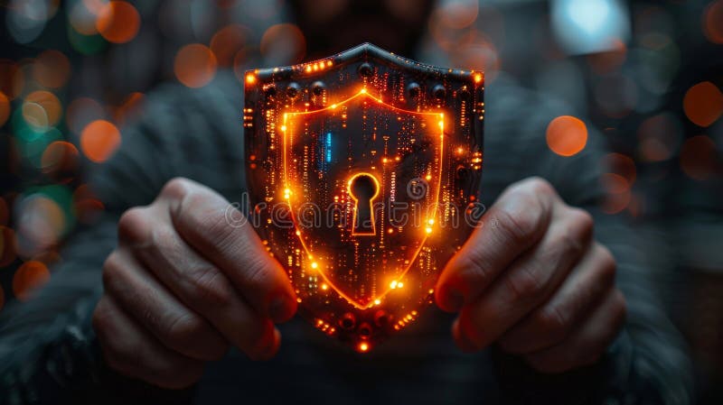Hands holding illuminated digital shield with keyhole, cybersecurity concept stock photography