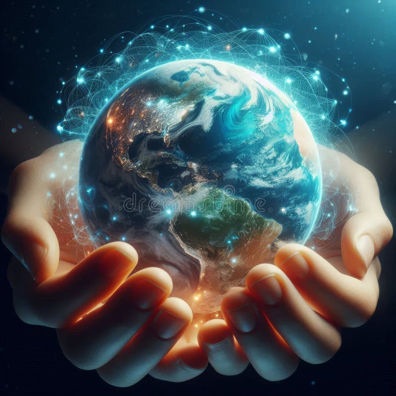 Hands holding illuminated Earth with glowing network connections in space. Global communication and technology concept stock photo