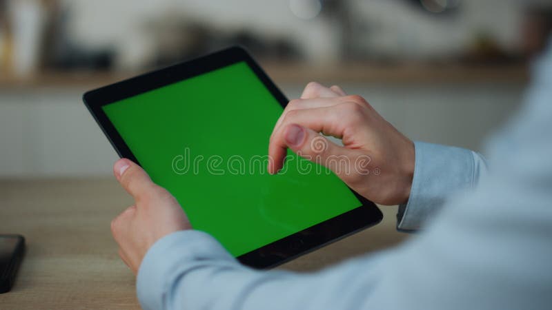 Hands Holding Mockup Tablet Close Up. Guy Touching Green Screen Swiping ...