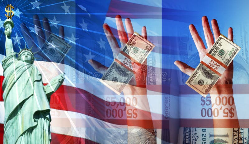 Hands Holding Money and The American Flag and Statue of Liberty stock illustration Hands Holding Money and The American Flag and Statue of Liberty stock illustration