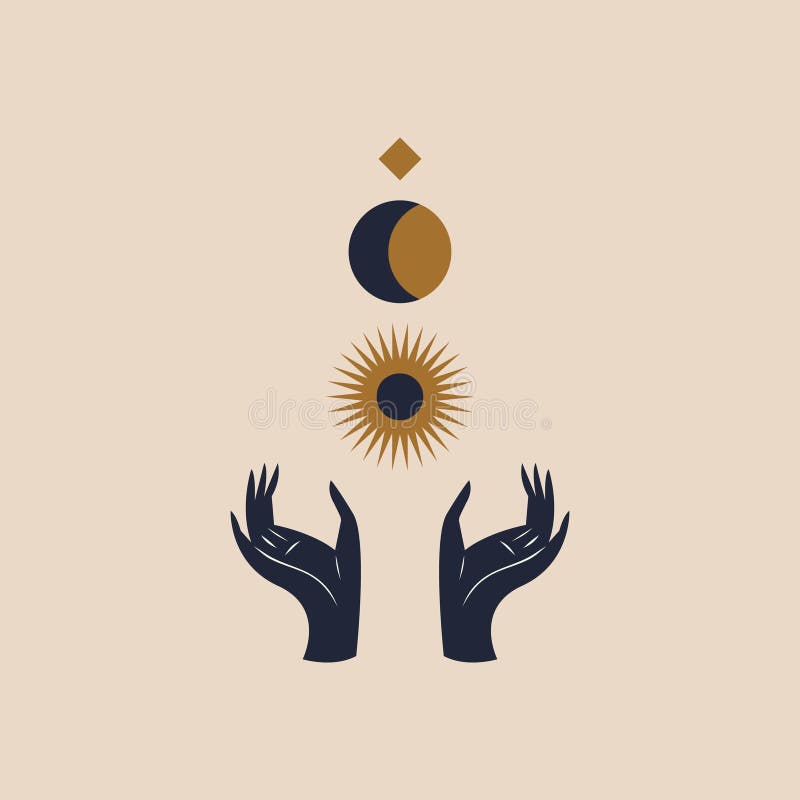 Hands holding Moon and Sun. Sacred geometry. Magic concept. Vector illustration.