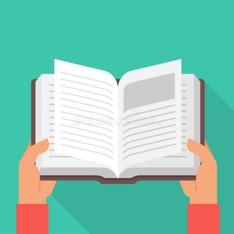 Hands holding open book. Human reading a text, studying or getting educational information from paper resource. Vector flat style cartoon illustration. Man reading magazine vectors