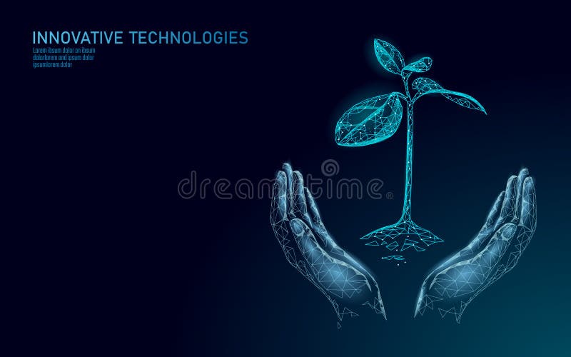 Hands holding plant sprout ecological abstract concept. 3D render seedling tree leaves. Save planet nature environment