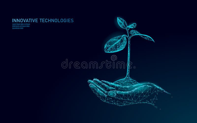 Hands holding plant sprout ecological abstract concept. 3D render seedling tree leaves. Save planet nature environment grow life eco polygon triangles low poly vector illustration art