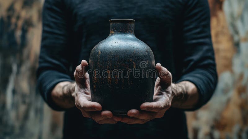 Hands holding a rustic ceramic vase in a workshop royalty free stock image