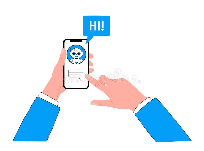 Hands holding smart phone for chatting with ai bot vector illustration