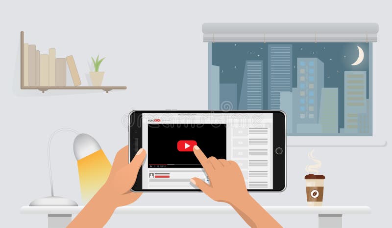 sunny day home office. download hands holding smart phone mockup with online video blog screen. above the table in sunny day home office n