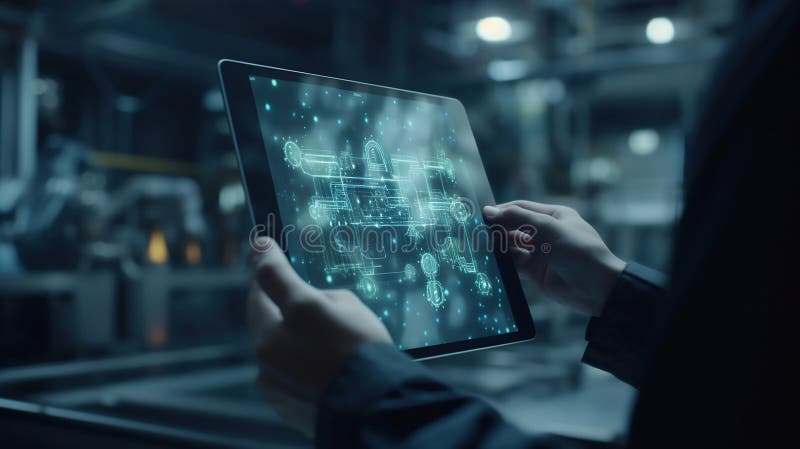 Hands holding tablet on blurred automation machine as background. Generative AI royalty free illustration
