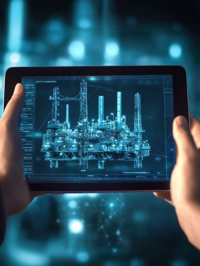 Hands holding a tablet with a detailed 3D oil rig model during a technology demonstration in an office environment royalty free stock photos
