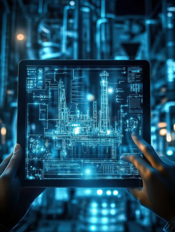Hands holding a tablet displaying a detailed 3D model of an oil rig in a high tech environment at night. Generative AI royalty free stock images