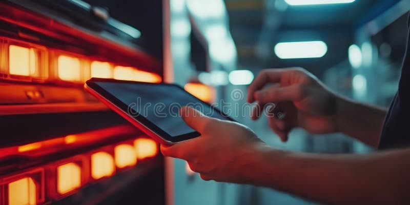 Hands holding tablet in front of illuminated server rack, showcasing technology and data management in modern IT royalty free stock photo
