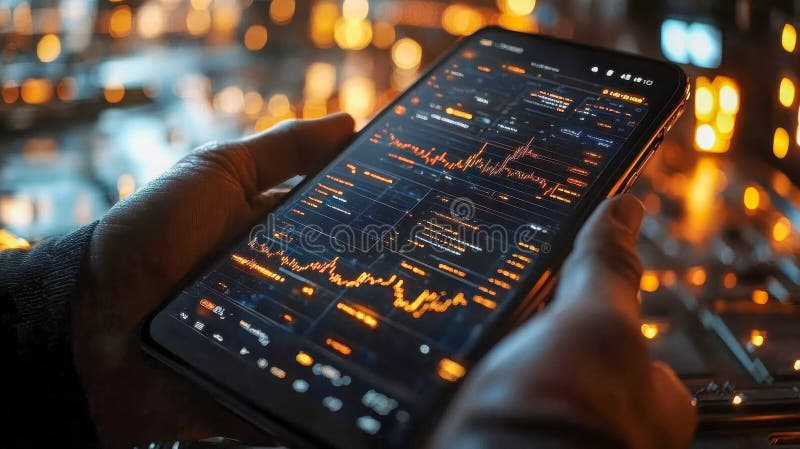 Hands holding a tablet with illuminated data charts and financial graphs royalty free stock image