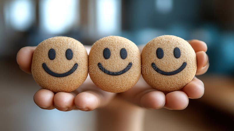 Hands holding three happy face cookies home interior background positive feedback concept stock illustration
