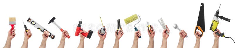Hands holding tools royalty free stock photos