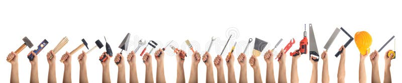 Hands holding tools on white background royalty free stock images