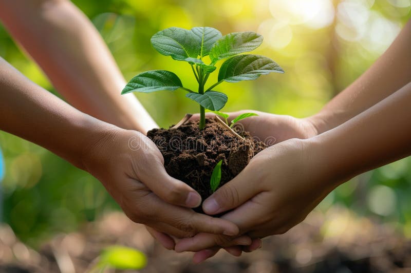 Hands holding young green plant on soil with sunlight, Ecology concept. protecting nature royalty free illustration