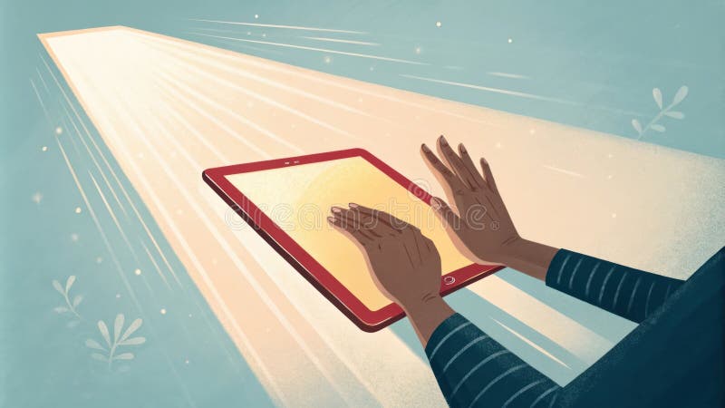 Hands interacting with glowing digital tablet emitting bright light beams stock photo