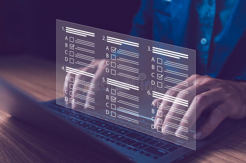 Hands interact with a digital survey form on the laptop. Survey form concept. Check marks on checklist and filling online form or stock photography
