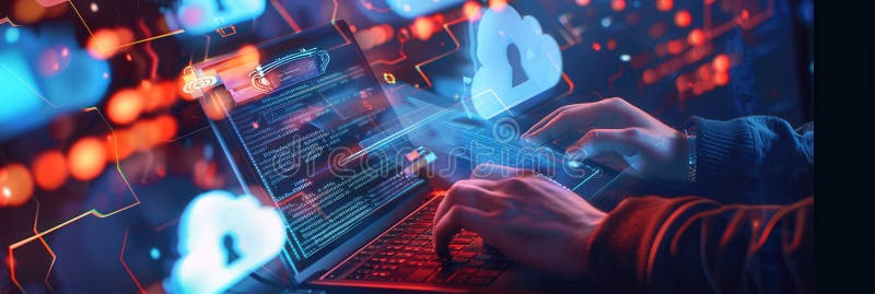 Hands interact with a laptop, showcasing a cyber security network focused on data protection and cloud computing stock images