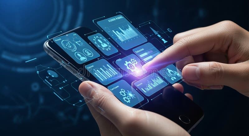 Hands interact with a mobile admin panel featuring data graphs and user management interfaces illustrazione di stock
