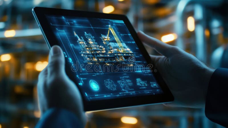 Hands hold a tablet showing a detailed 3D model of an oil rig in a modern industrial setting. Generative AI royalty free stock photography