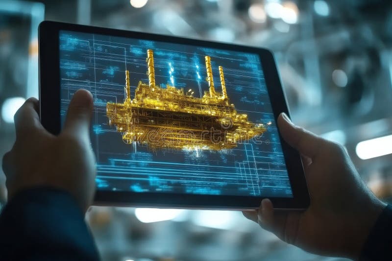 Hands interact with a tablet showcasing a detailed 3D oil rig model in a modern setting. Generative AI. Hands hold a tablet displaying an intricate 3D model of an oil rig, highlighting advanced technology in the energy sector. AI generated