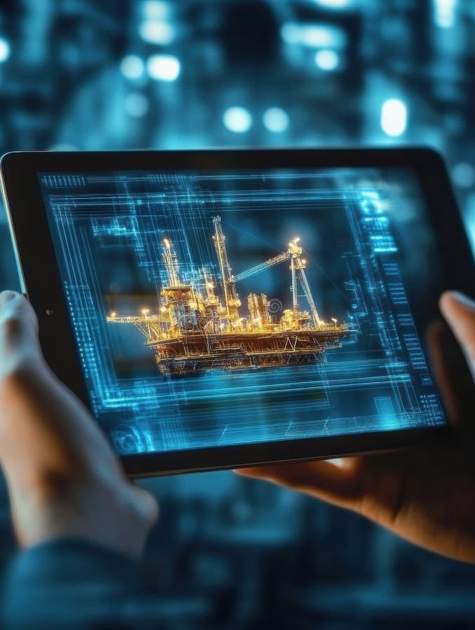 Hands holding a tablet displaying a detailed 3D model of an oil rig in a modern industrial environment. Generative AI royalty free stock images