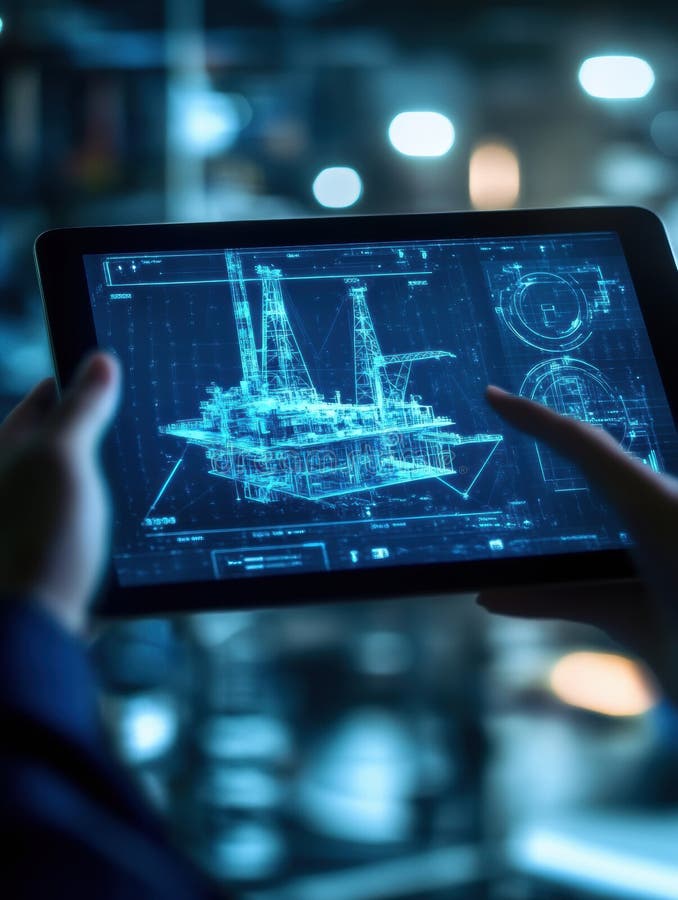 Hands display a detailed 3D oil rig model on a tablet in a modern industrial setting. Generative AI royalty free stock images