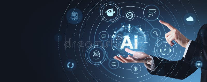 Hands interacting with AI technology icons on a virtual interface royalty free stock photos