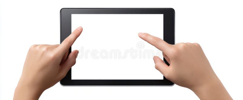 The Hands Interacting with a Blank Tablet Screen for Digital Use. image stock photo.