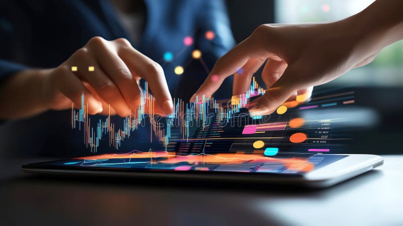 Hands interacting with data visualization on tablet screen stock photo