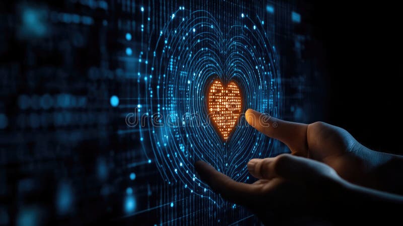 Hands interacting with digital heart on futuristic interface. Happy Valentine's Day. 14 february. stock photos
