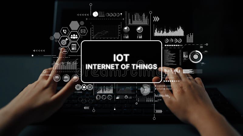 Hands Interacting with Digital Interface Displaying IoT and Data Analytics Concepts for Internet of Things Technology. Asymptotic smart data analytic.