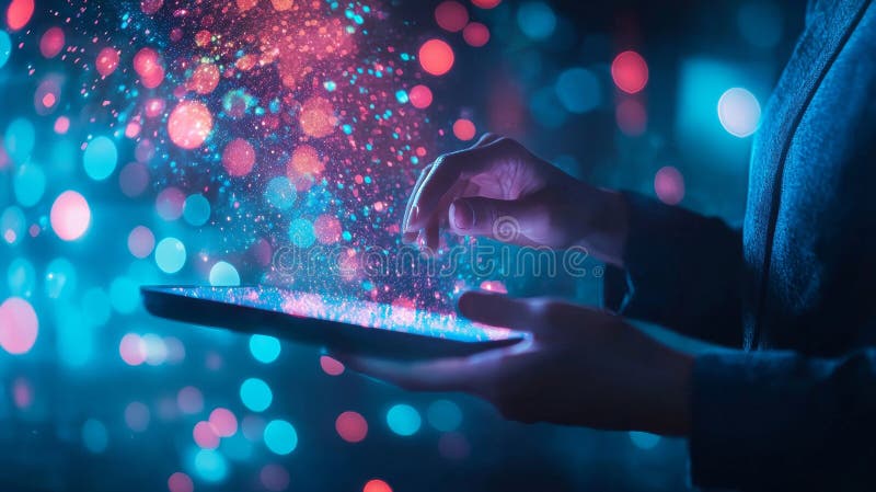 Hands Interacting with Digital Tablet and Holographic Lights royalty free stock photo