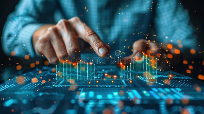 Hands interacting with digital touch screen charts closeup image, stock photography.