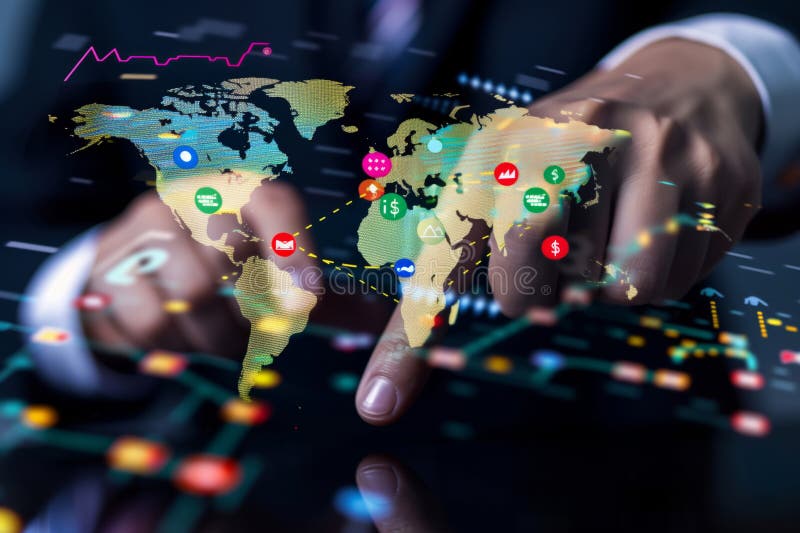 Hands Interacting With Digital World Map Displaying Global Connections stock photos