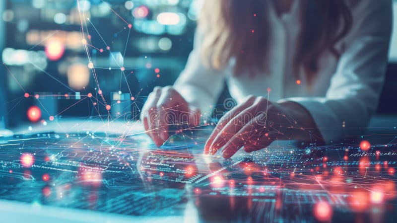 Hands interacting with futuristic digital interface royalty free stock photos