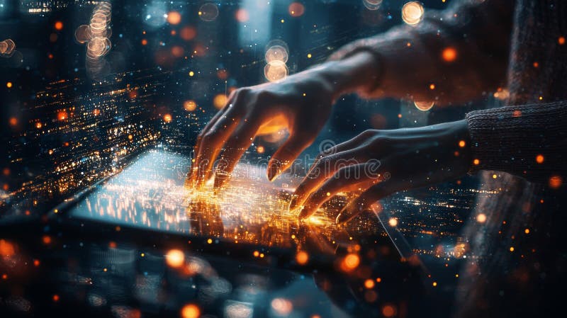 Hands interacting with futuristic digital interface royalty free stock image
