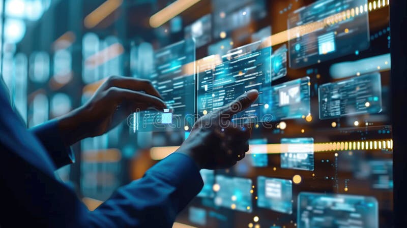 Hands interacting with futuristic digital interfaces displayed on transparent screens. stock photo