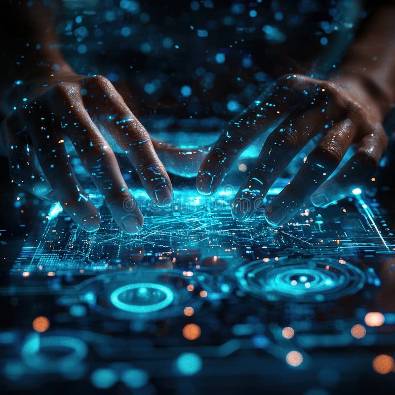 Hands interacting with futuristic holographic interface stock photo