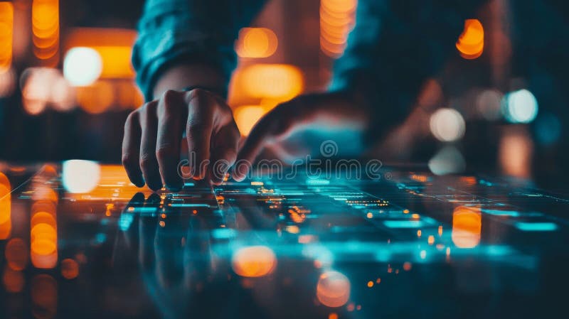Hands interacting with futuristic touchscreen in a digital environment stock photos
