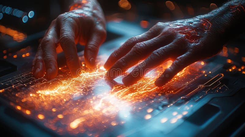 Hands interacting with glowing holographic neural network projection, showcasing advanced technology and digital royalty free stock photos