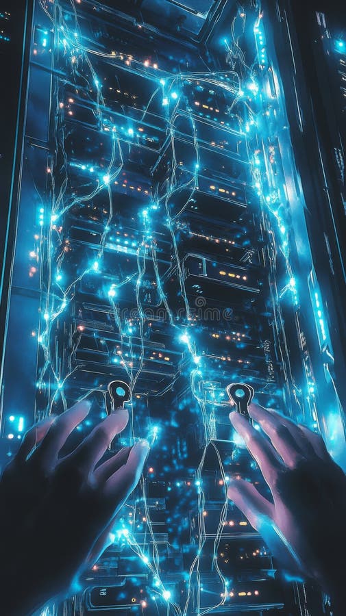 Hands interacting with glowing neon interface in a server room stock image