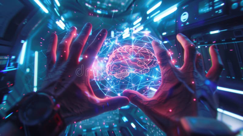 Hands Interacting with Holographic Brain Interface in VR Space for Futuristic Design stock photos