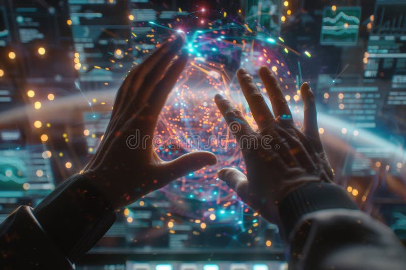Hands Interacting with Holographic Display in Futuristic Workspace stock photo